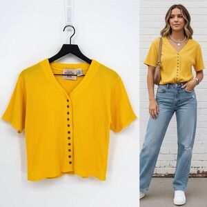 Vintage Fiorlini International Waffle Knit Button Front Top Yellow | Large